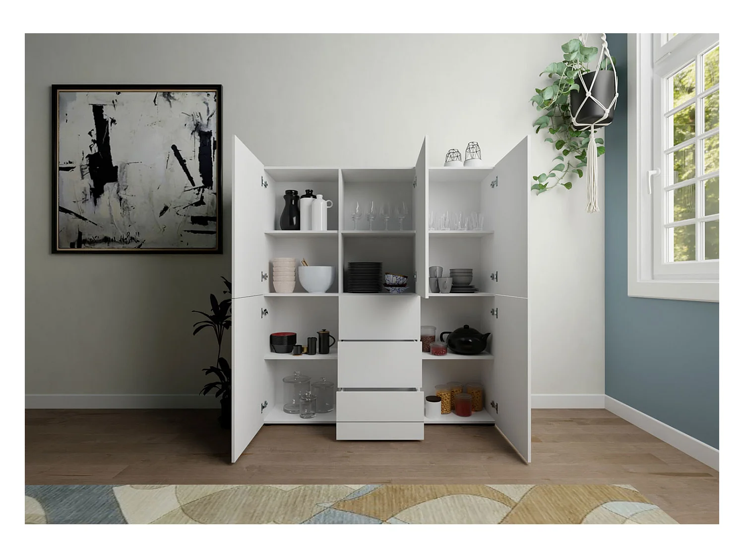 Hohe Kommode 5-türig/3-Schubladen 150x35x165 cm Elios Hochglanz Weiß