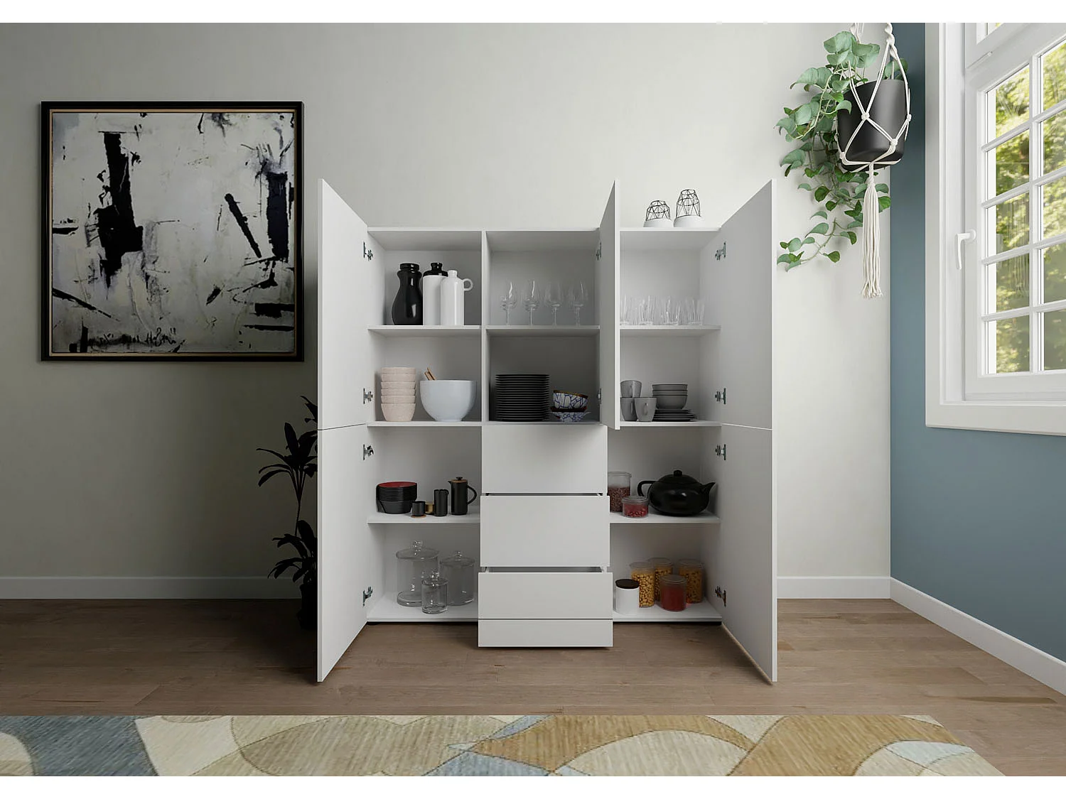 Credenza alta 5 ante/3 cassetti 150x35x165 cm Elios bianco lucido