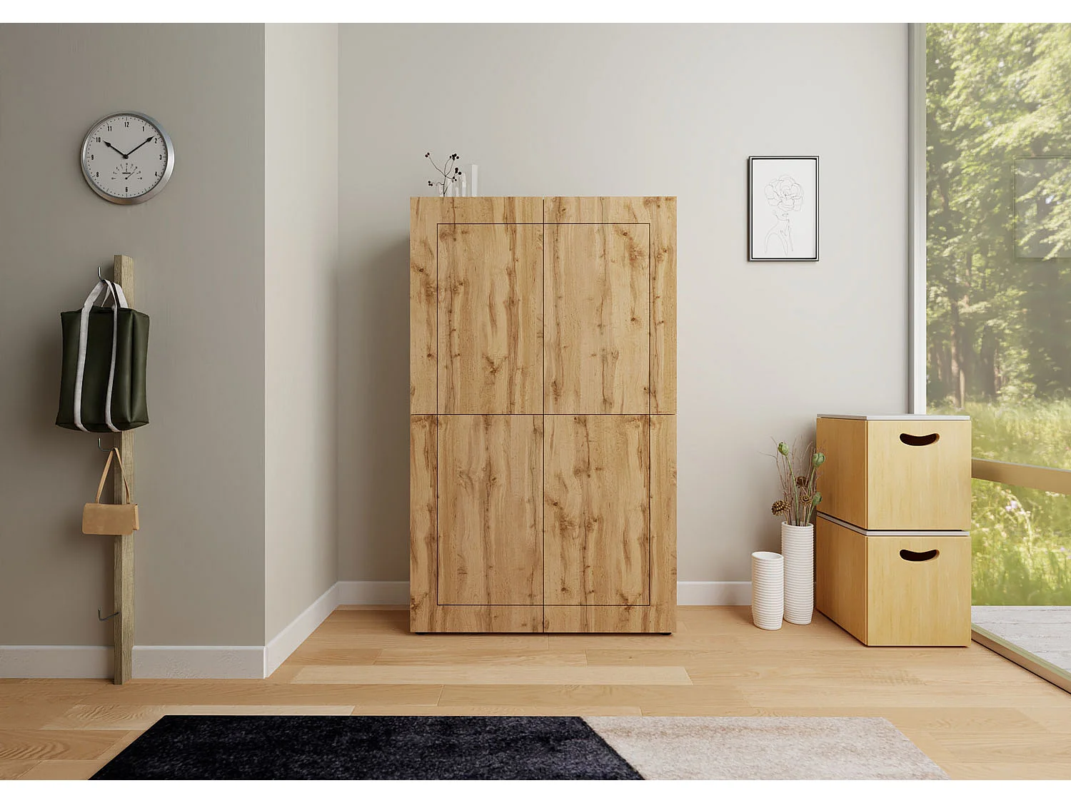 Hohe Kommode 4-türig 100x35x165 cm Elios Eiche Natur