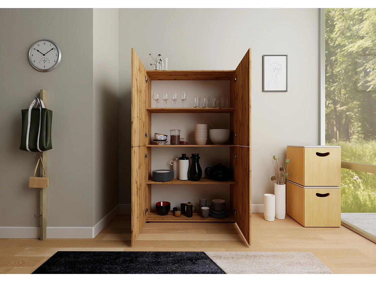 Hohe Kommode 4-türig 100x35x165 cm Elios Eiche Natur