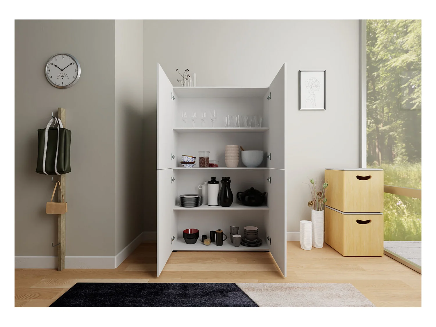 Buffet haut 4 portes 100x35x165 cm Elios blanc brillant