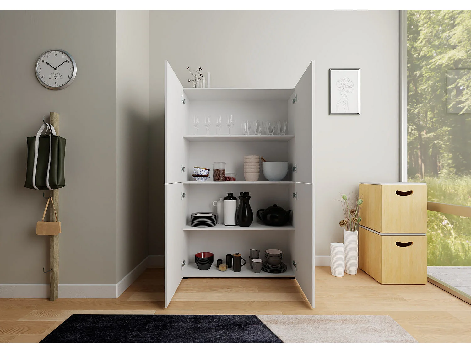 Buffet haut 4 portes 100x35x165 cm Elios blanc brillant