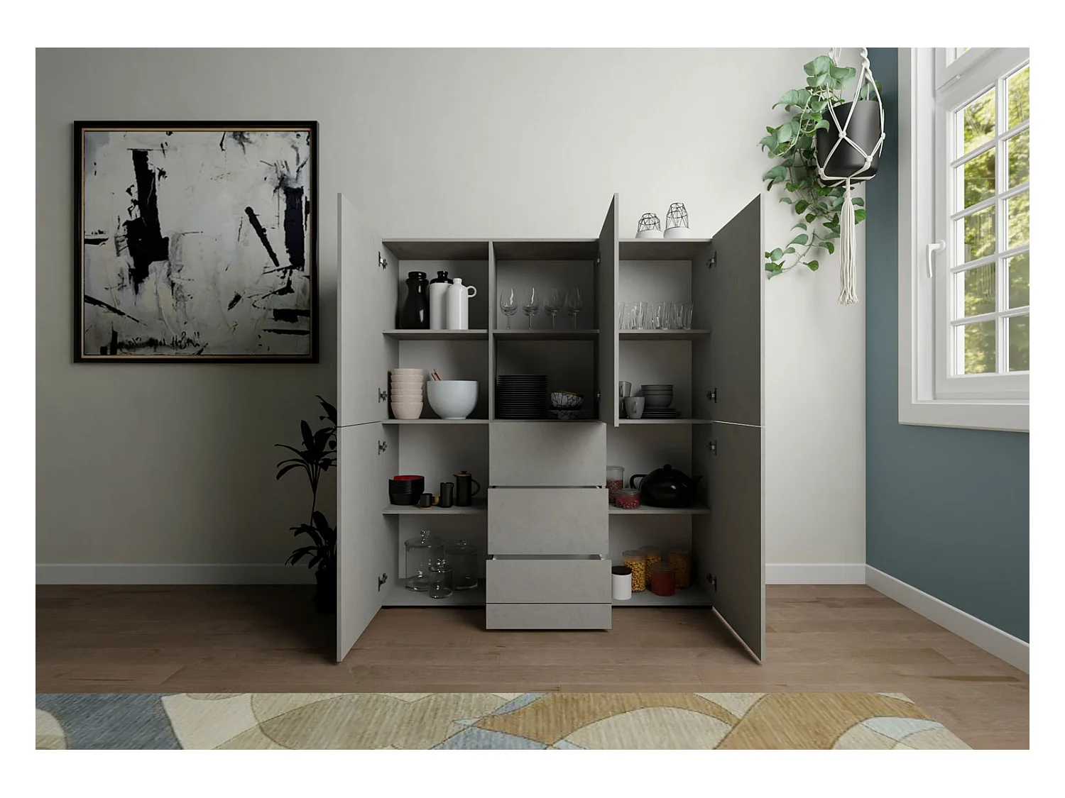 Buffet haut 5 portes/3 tiroirs 150x35x165 cm Elios cachemire