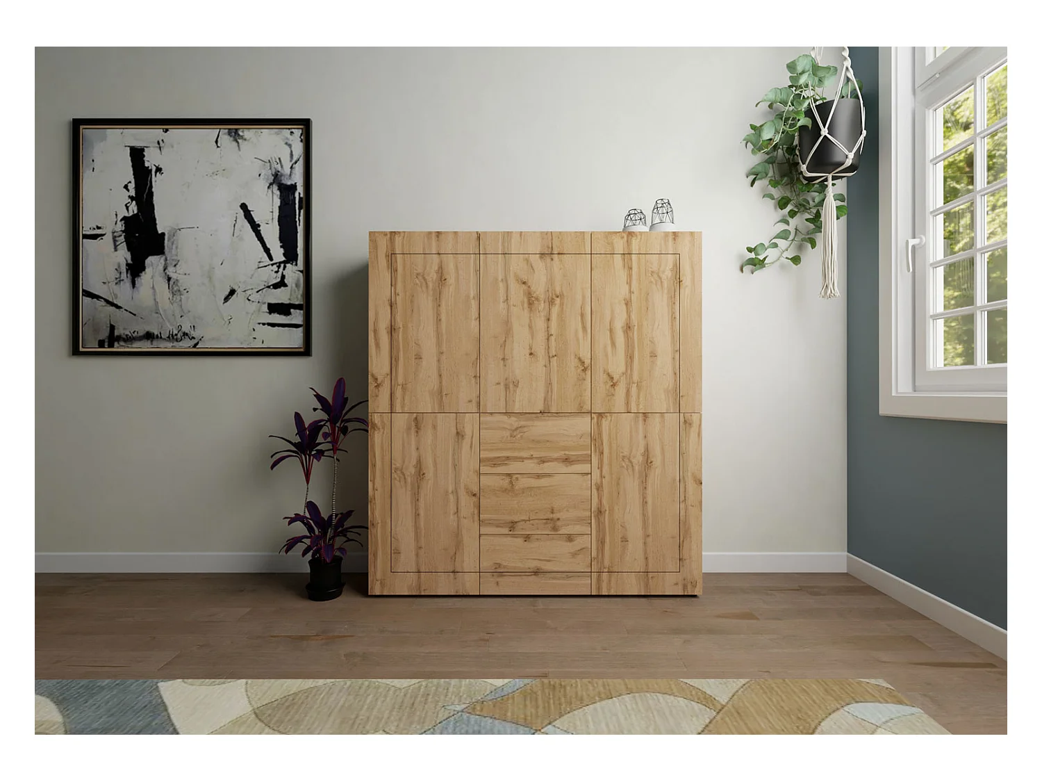 Hohe Kommode 5-türig/3-Schubladen 150x35x165 cm Elios Eiche Natur