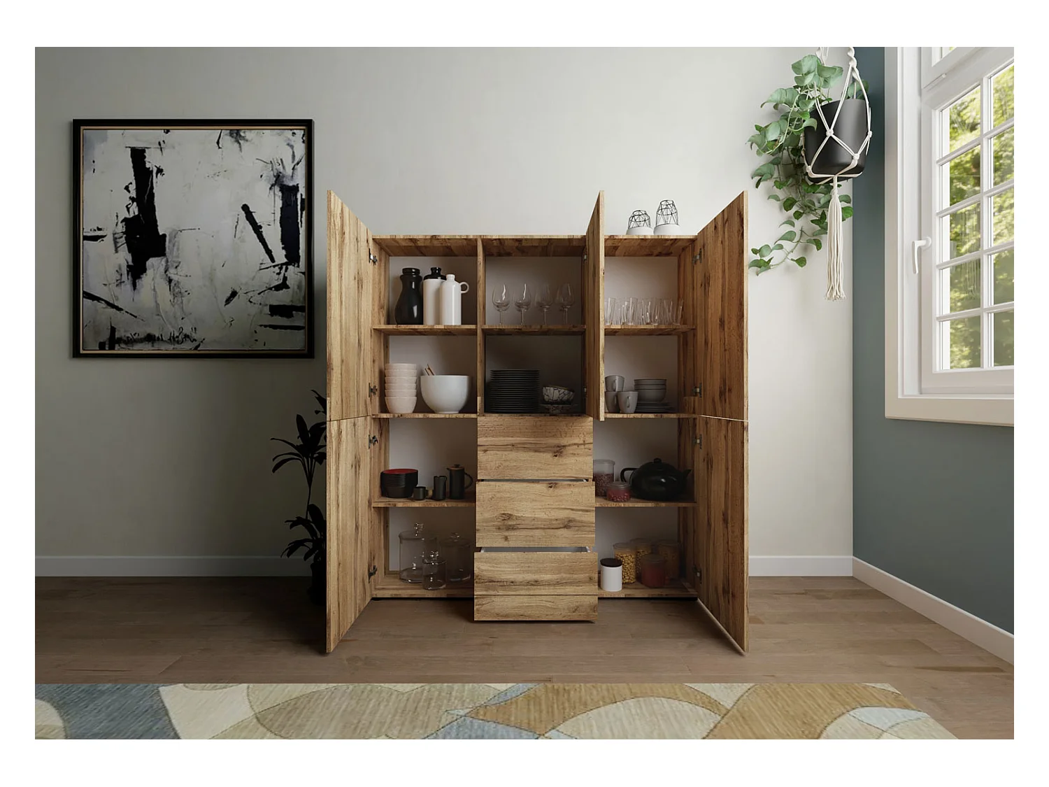 Hohe Kommode 5-türig/3-Schubladen 150x35x165 cm Elios Eiche Natur