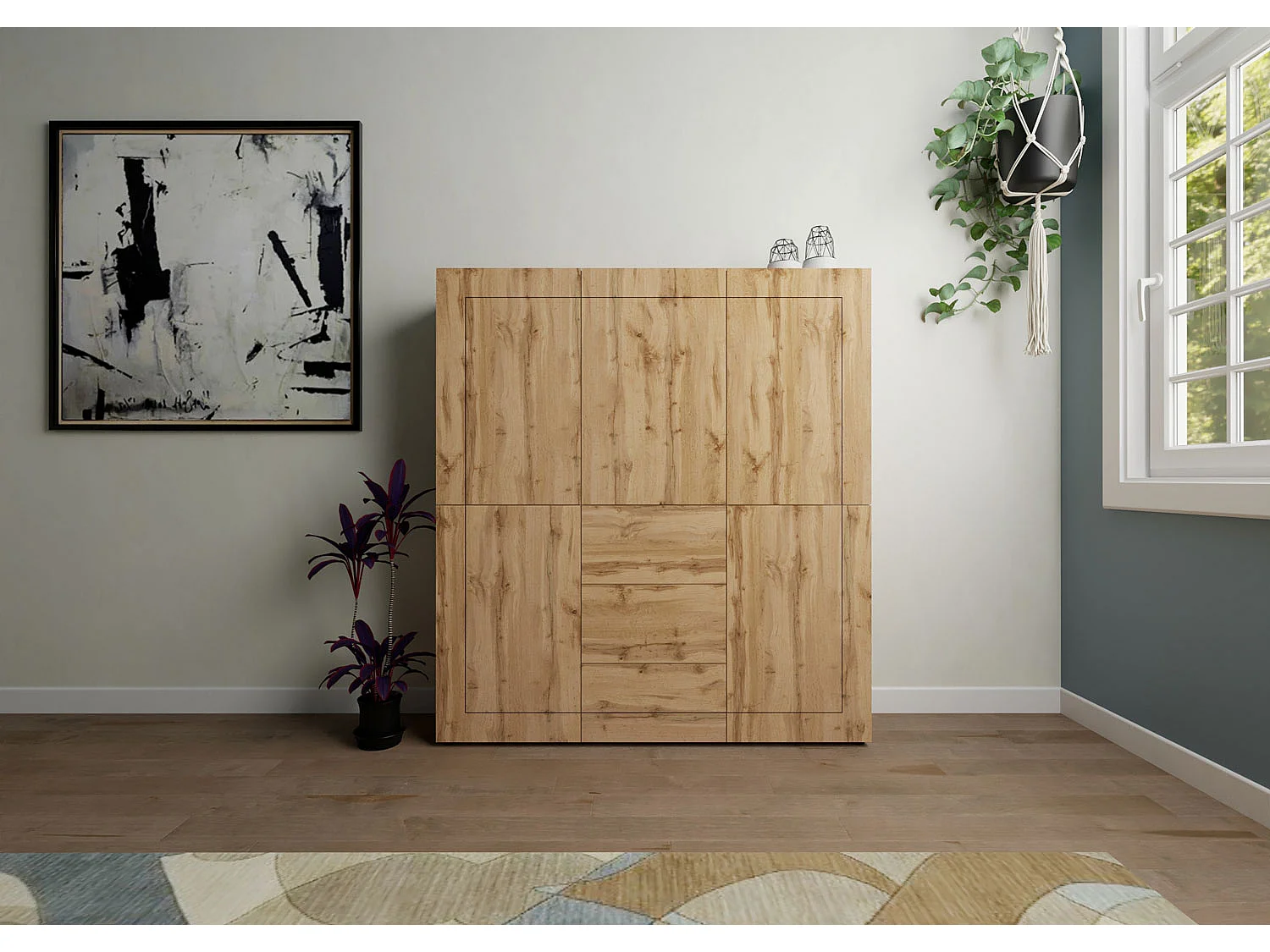 Buffet haut 5 portes/3 tiroirs 150x35x165 cm Elios chêne nature