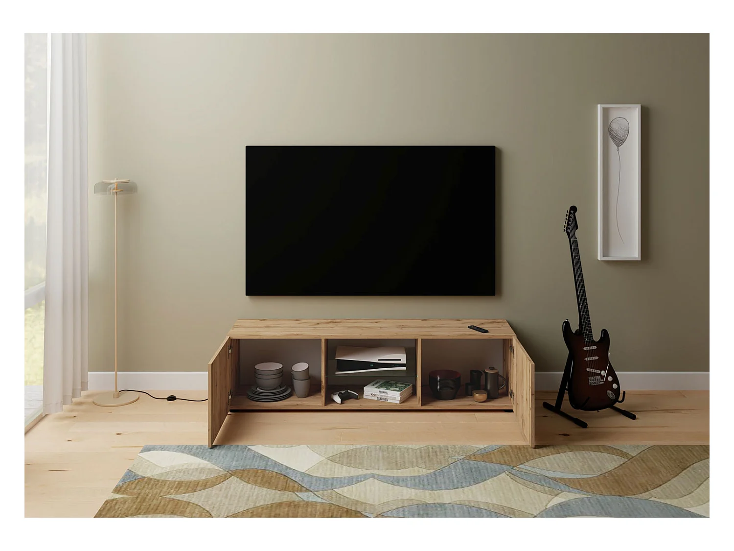 Meuble TV 2 portes avec niche ouverte 150x40x40 cm Elios chêne nature