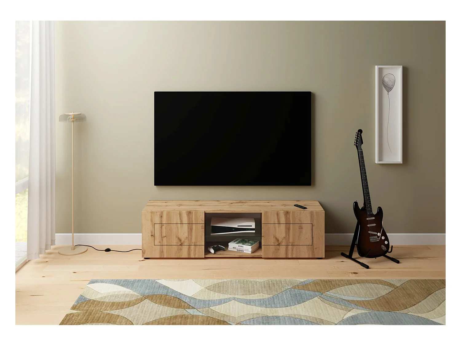 Meuble TV 2 portes avec niche ouverte 150x40x40 cm Elios chêne nature