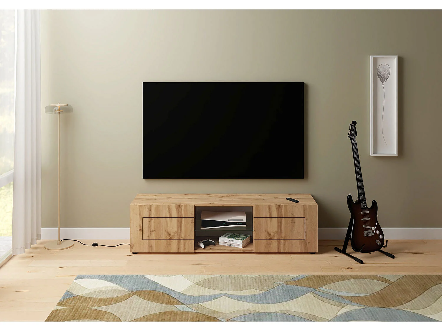 Meuble TV 2 portes avec niche ouverte 150x40x40 cm Elios chêne nature