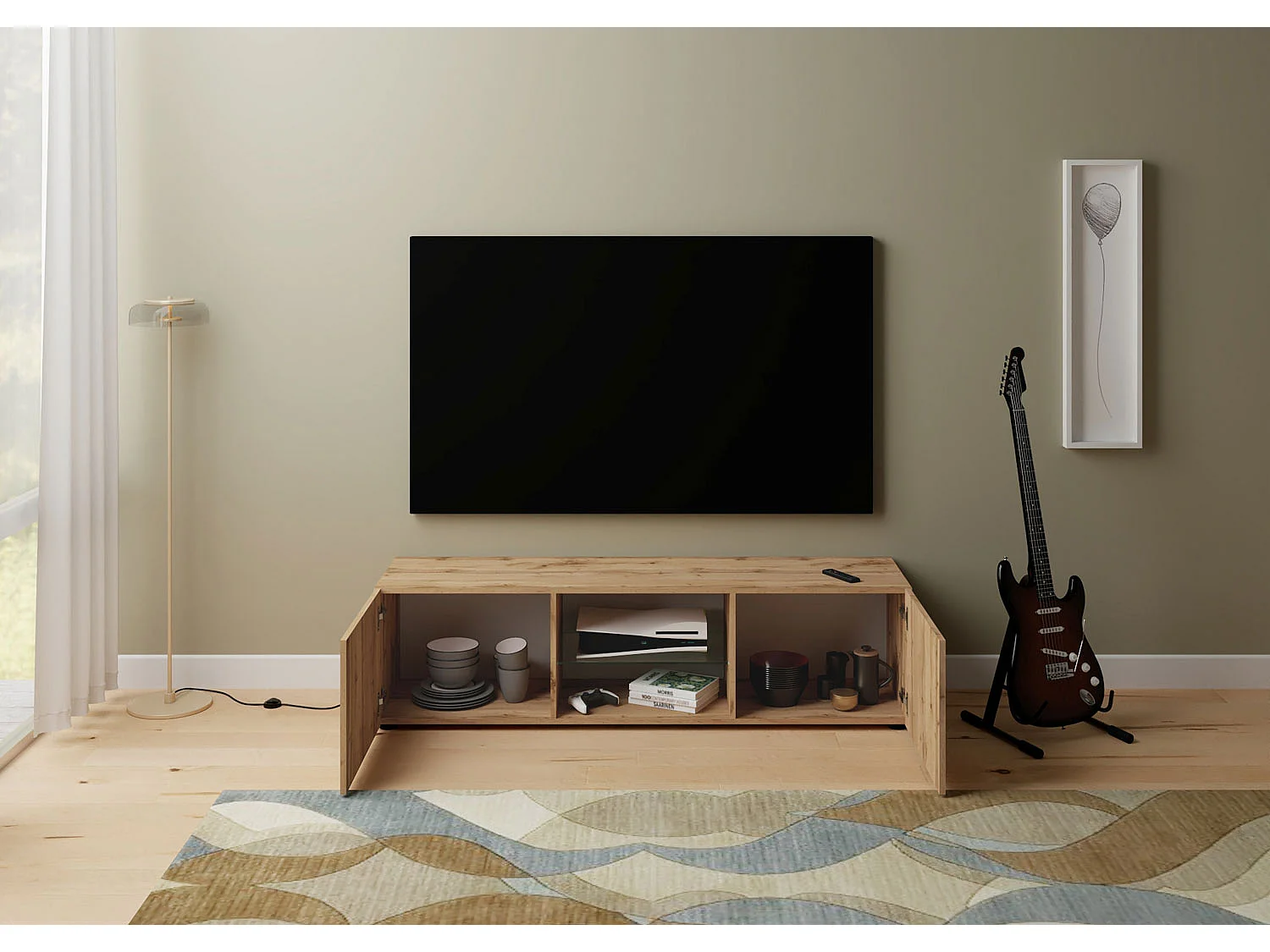 TV-Schrank 2-türig mit offenem Fach 150x40x40 cm Elios Eiche Natur