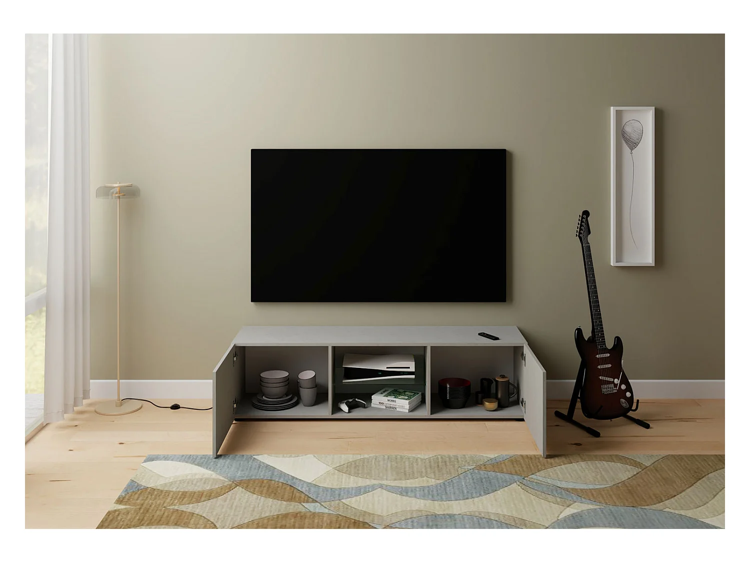 Meuble TV 2 portes avec niche ouverte 150x40x40 cm Elios cachemire