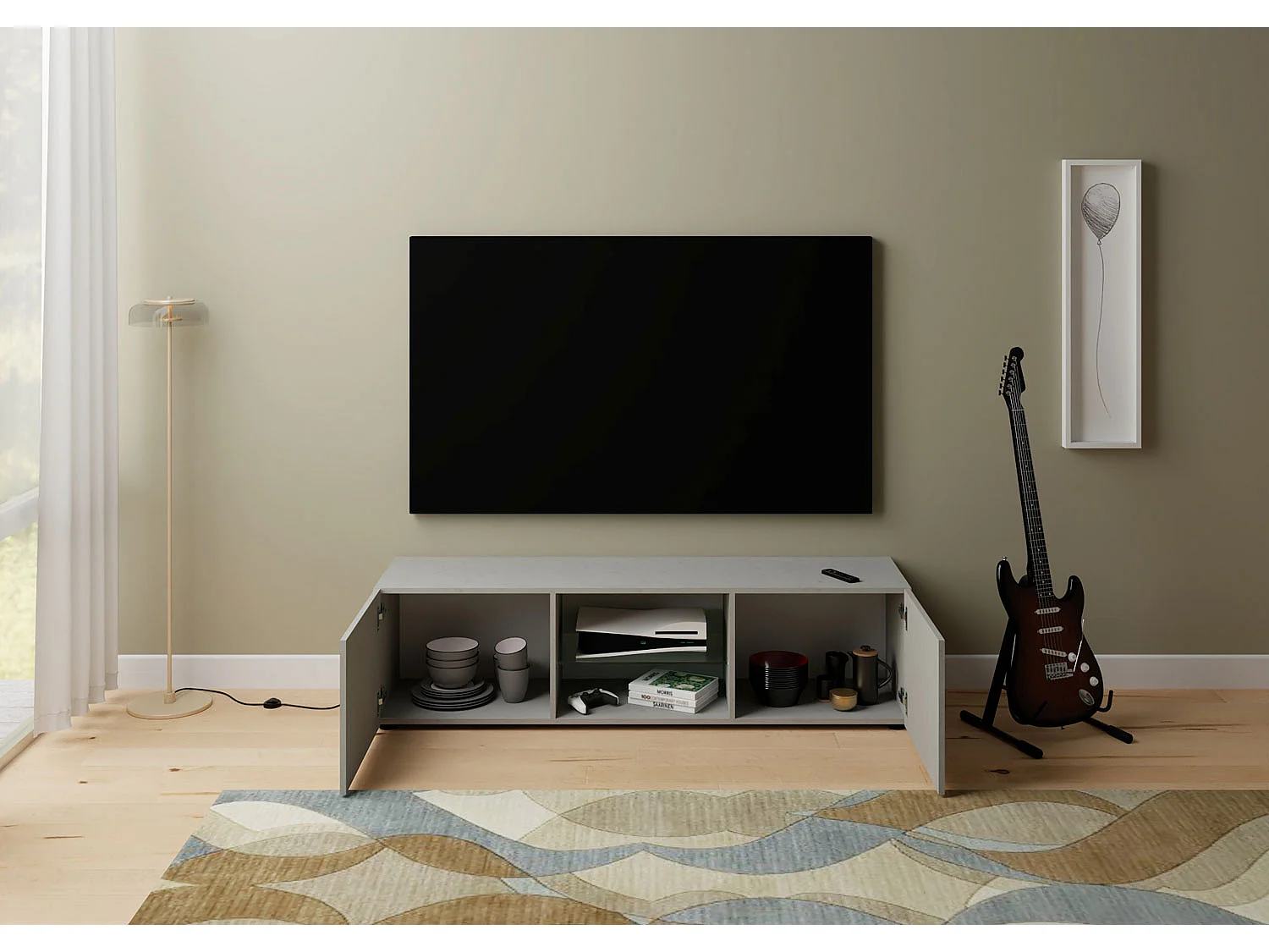 Meuble TV 2 portes avec niche ouverte 150x40x40 cm Elios cachemire