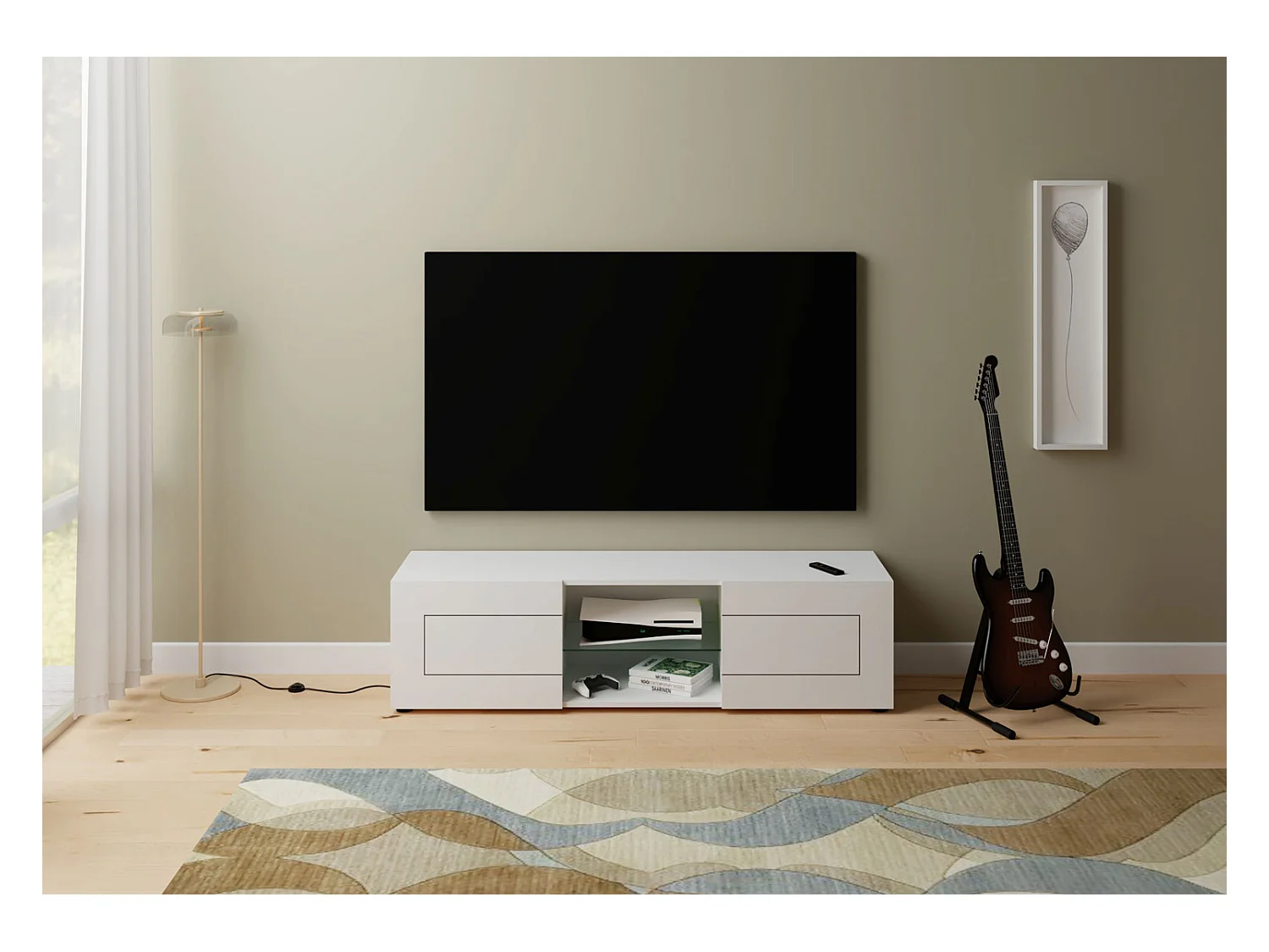 Meuble TV 2 portes avec niche ouverte 150x40x40 cm Elios blanc brillant