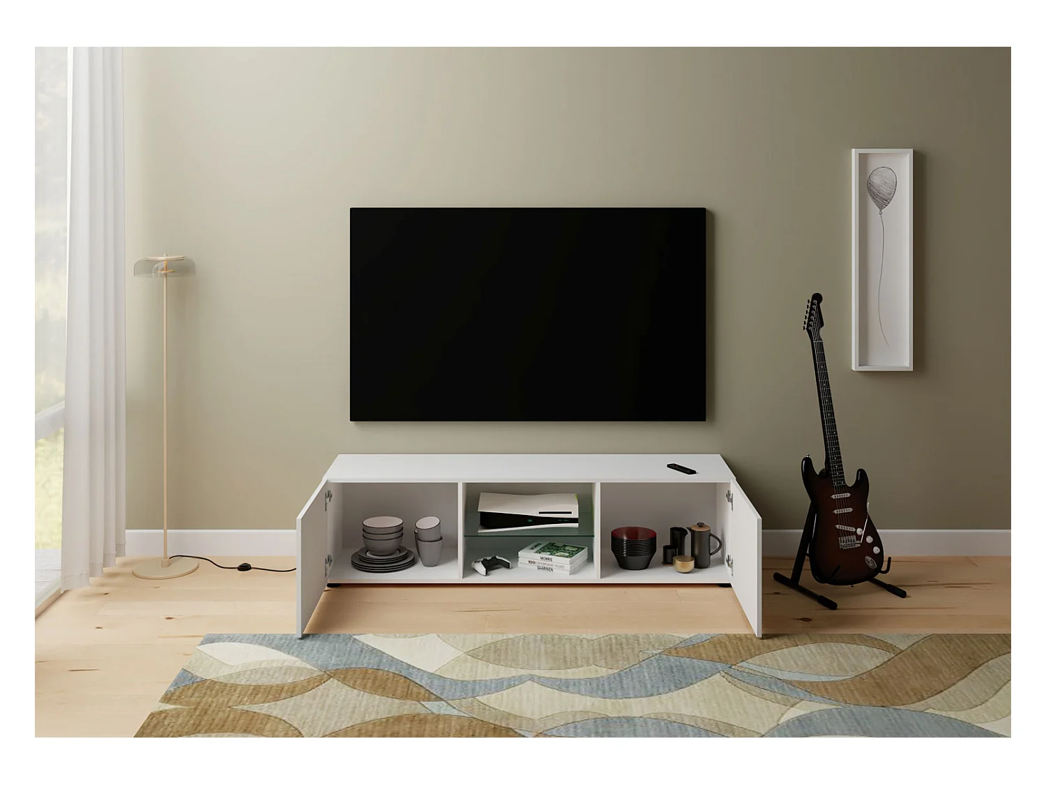 Meuble TV 2 portes avec niche ouverte 150x40x40 cm Elios blanc brillant