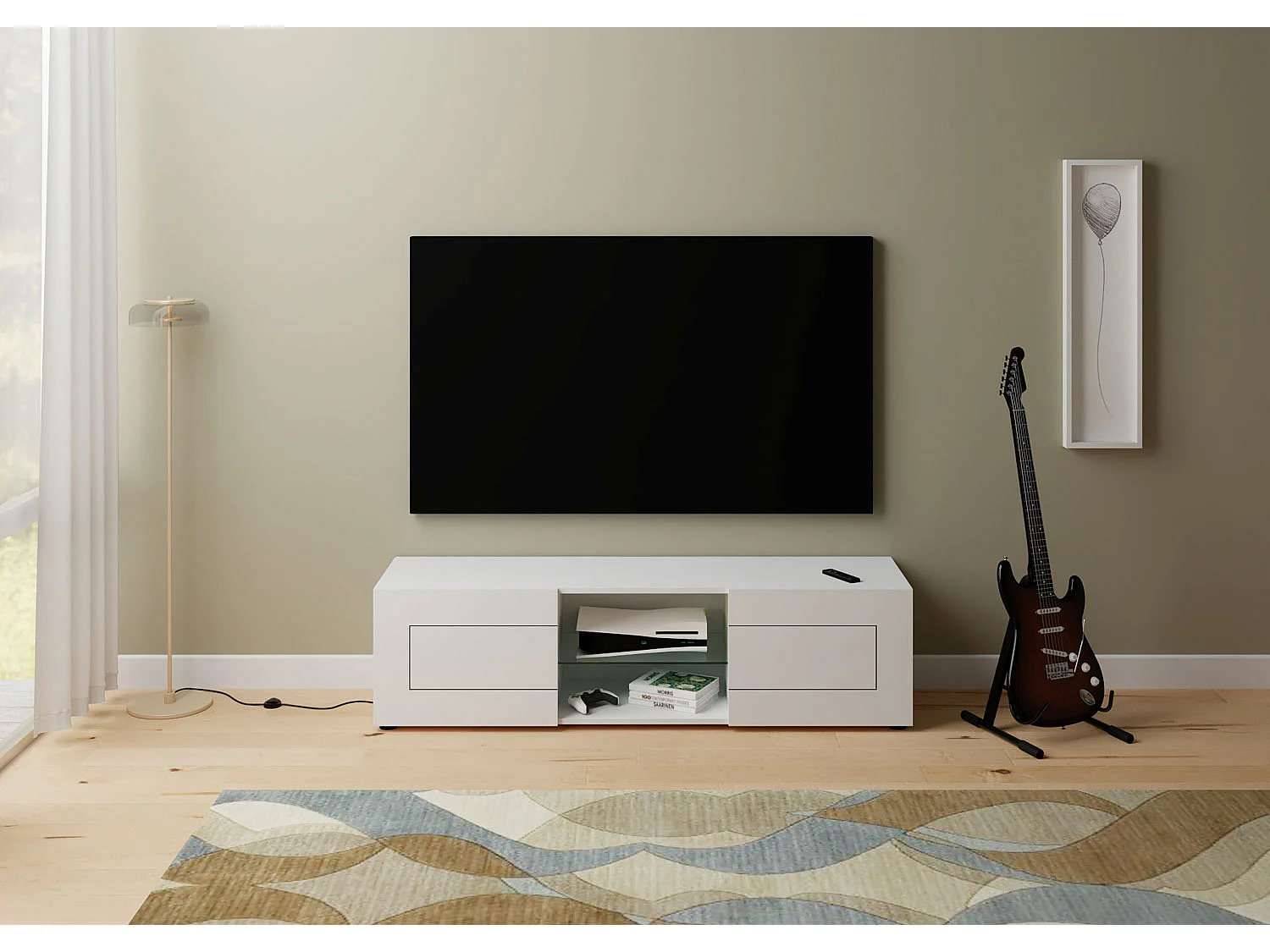 TV-Schrank 2-türig mit offenem Fach 150x40x40 cm Elios Hochglanz Weiß