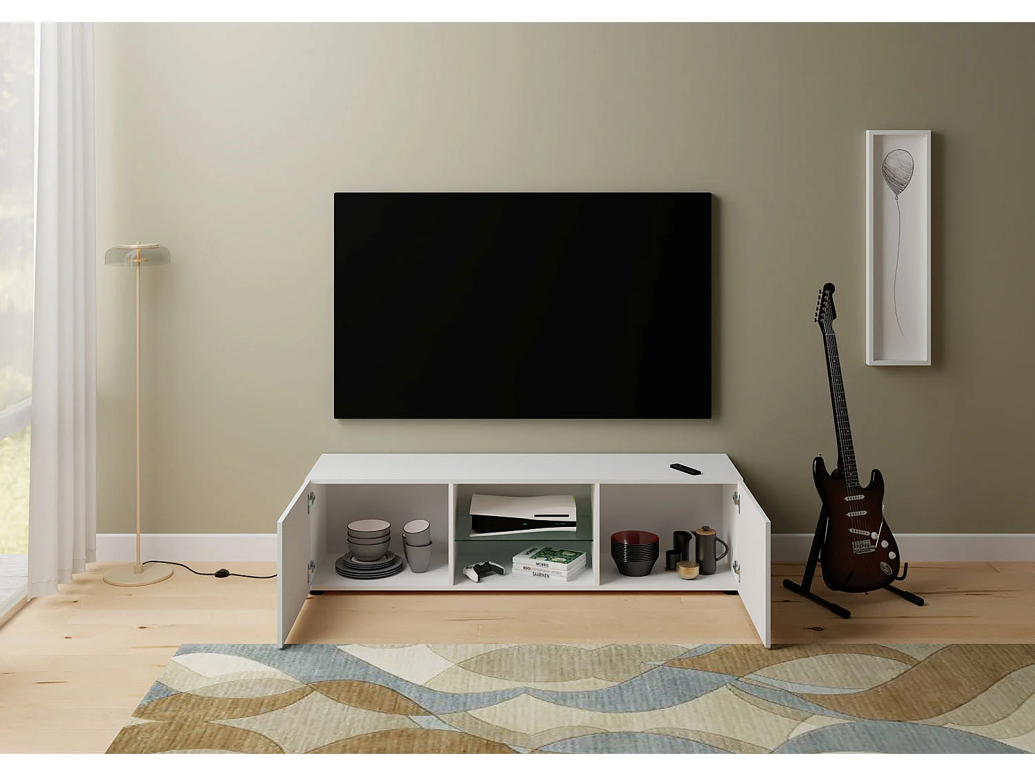 TV-Schrank 2-türig mit offenem Fach 150x40x40 cm Elios Hochglanz Weiß