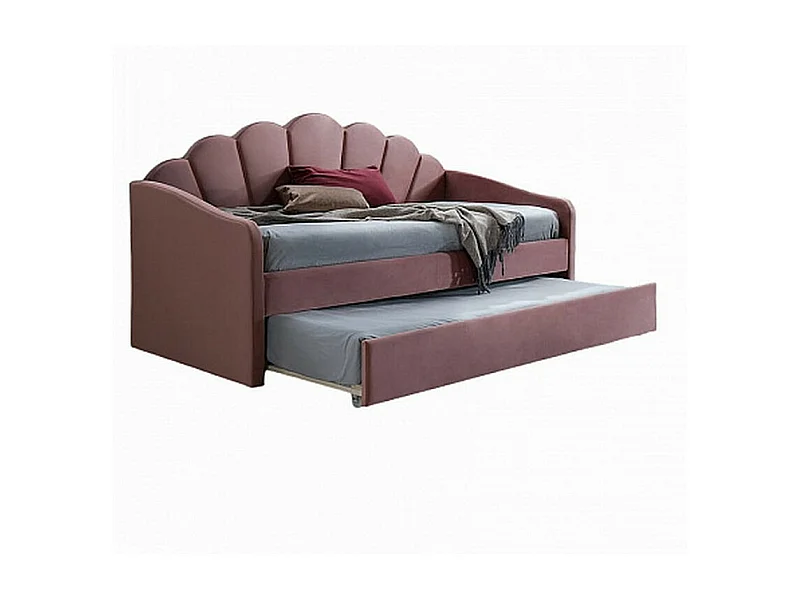 Lit gigogne 90 x 200 en velours rose avec couchage supplémentaire Opale - Sans matelas