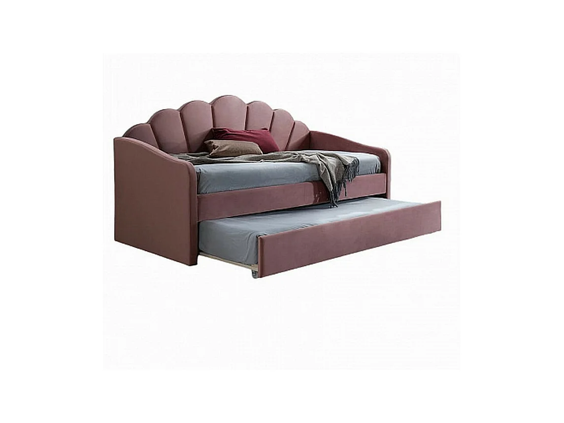 Lit gigogne 90 x 200 en velours rose avec couchage supplémentaire Opale - Sans matelas