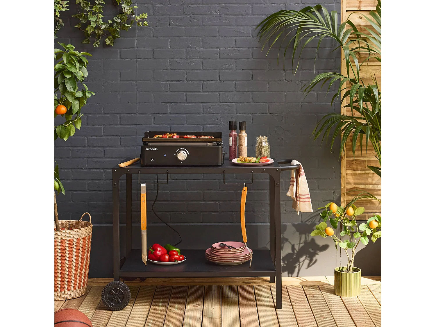 Plancha eléctrica 1 quemador con mesa, acero esmaltado de 2200w negro