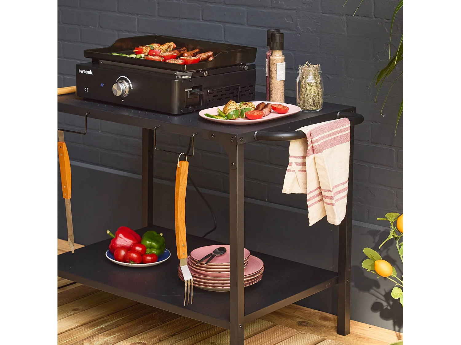 Plancha eléctrica 1 quemador con mesa, acero esmaltado de 2200w negro