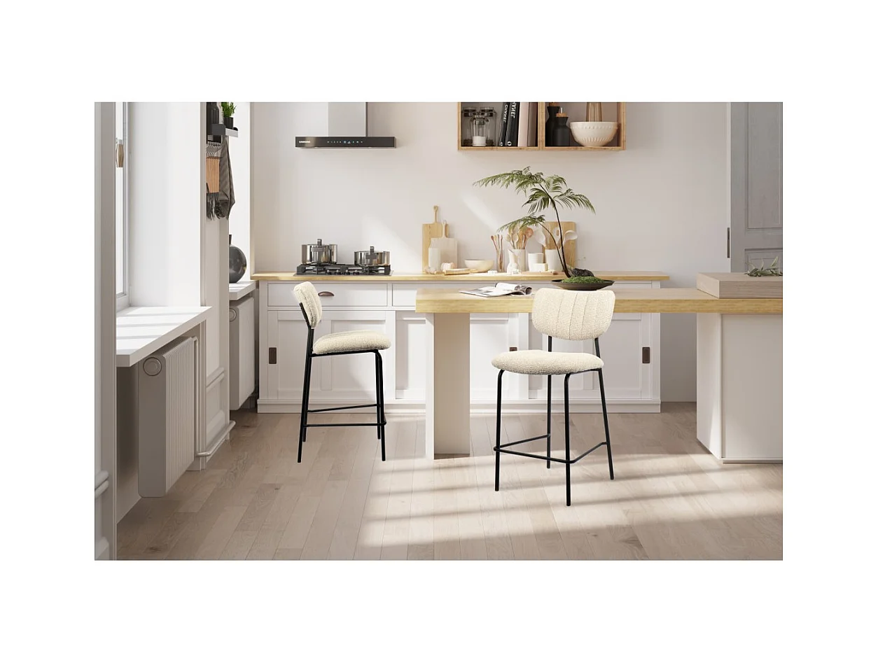 Cadeira de balcão VENTURA – Tecido bege – Pés de metal preto – Altura 97 cm – Estilo design/industrial