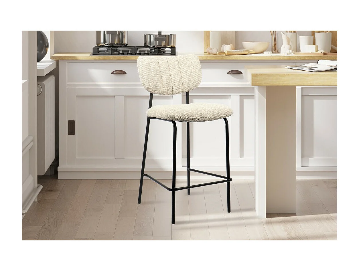 Cadeira de balcão VENTURA – Tecido bege – Pés de metal preto – Altura 97 cm – Estilo design/industrial