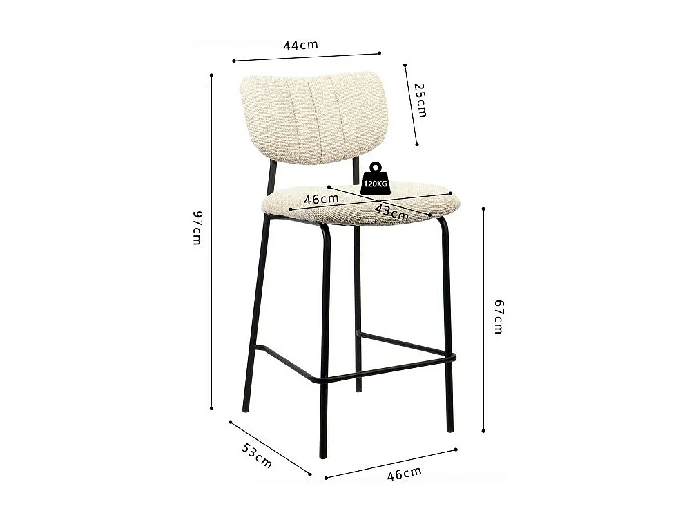 Cadeira de balcão VENTURA – Tecido bege – Pés de metal preto – Altura 97 cm – Estilo design/industrial