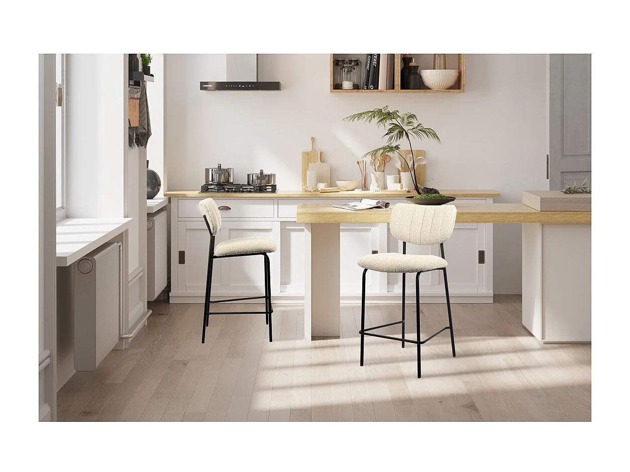 Cadeira de balcão VENTURA – Tecido bege – Pés de metal preto – Altura 97 cm – Estilo design/industrial