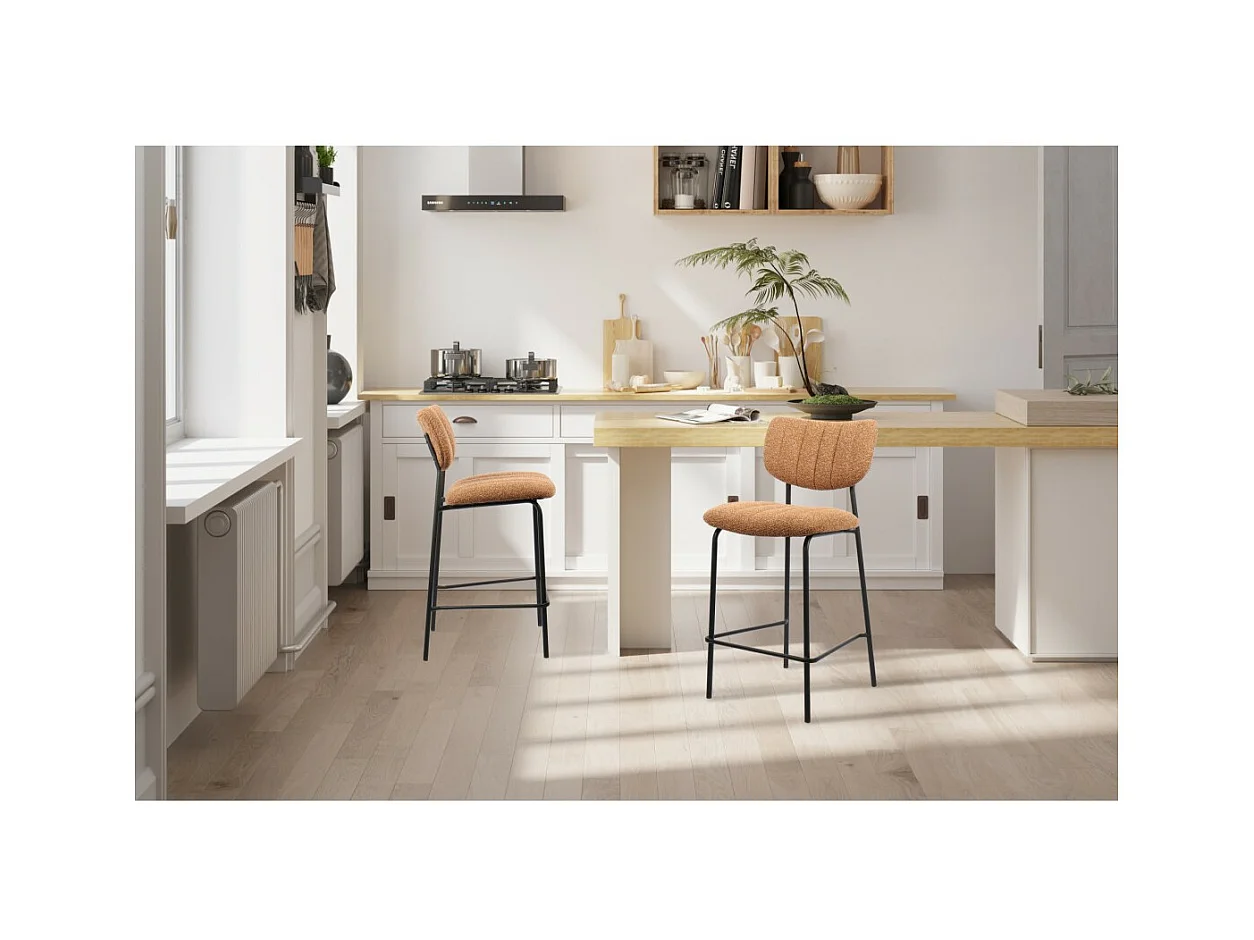 Cadeira de balcão VENTURA – Tecido laranja – Pés de metal preto – Altura 97 cm – Estilo design/industrial