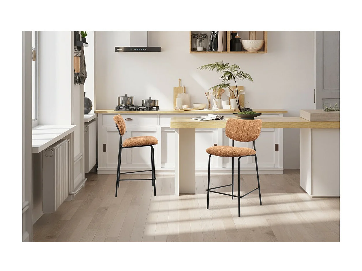 Cadeira de balcão VENTURA – Tecido laranja – Pés de metal preto – Altura 97 cm – Estilo design/industrial