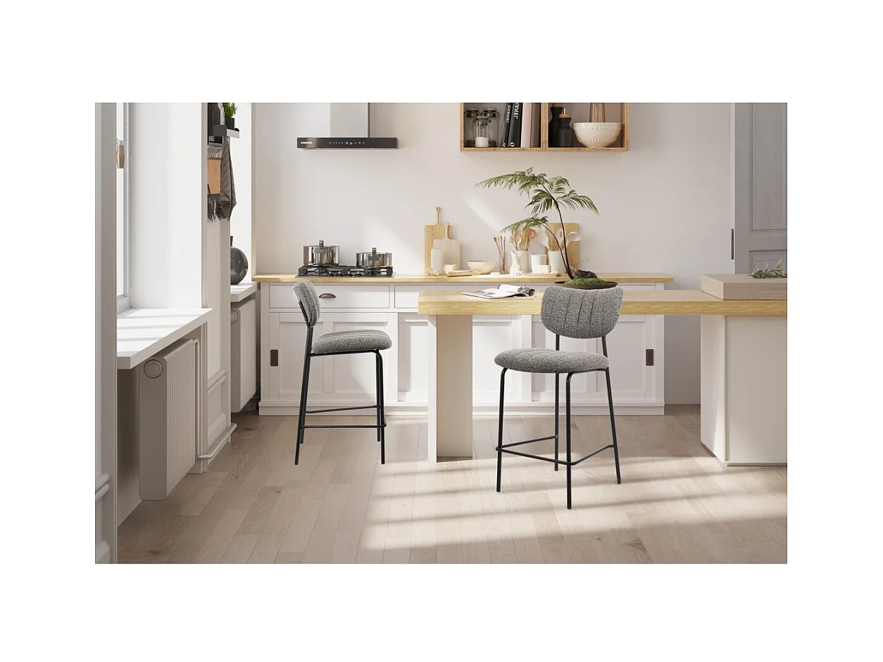 Cadeira de balcão VENTURA – Tecido cinza escuro – Pés de metal preto – Altura 97 cm – Estilo design/industrial