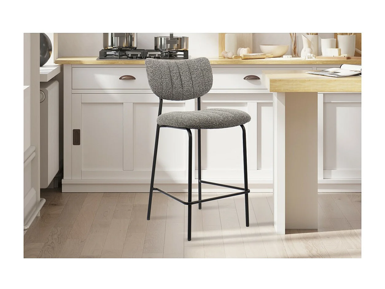 Cadeira de balcão VENTURA – Tecido cinza escuro – Pés de metal preto – Altura 97 cm – Estilo design/industrial