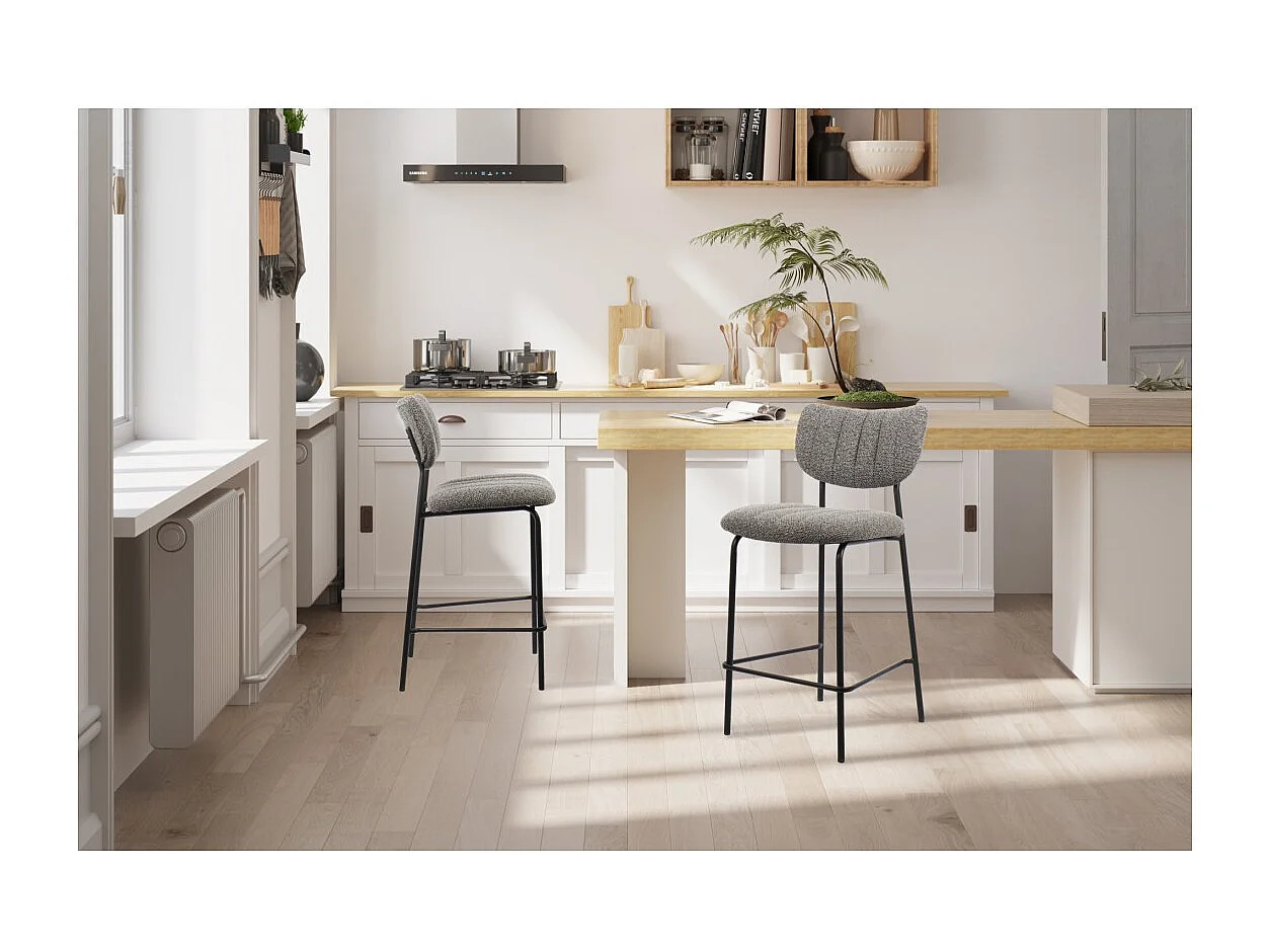 Cadeira de balcão VENTURA – Tecido cinza escuro – Pés de metal preto – Altura 97 cm – Estilo design/industrial