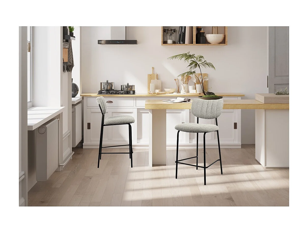 Cadeira de balcão VENTURA – Tecido cinza claro – Pés de metal preto – Altura 97 cm – Estilo design/industrial