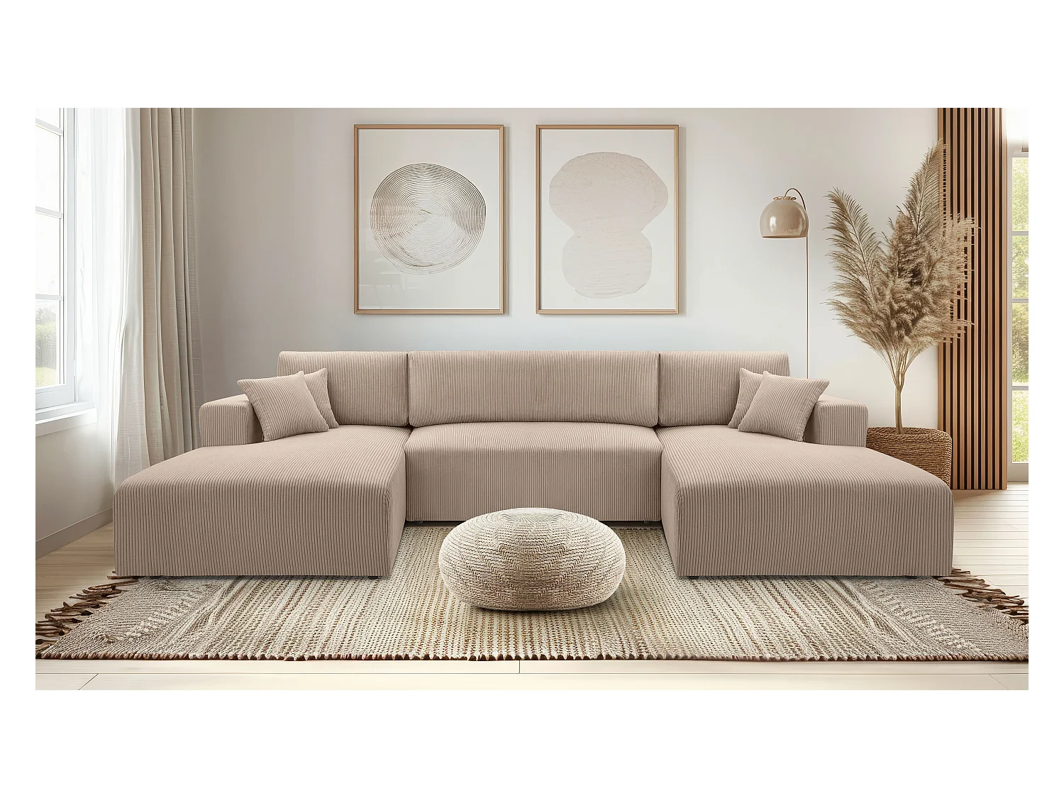 AX LIVING Canapé panoramique en U beige Catea avec fonction lit 364 cm