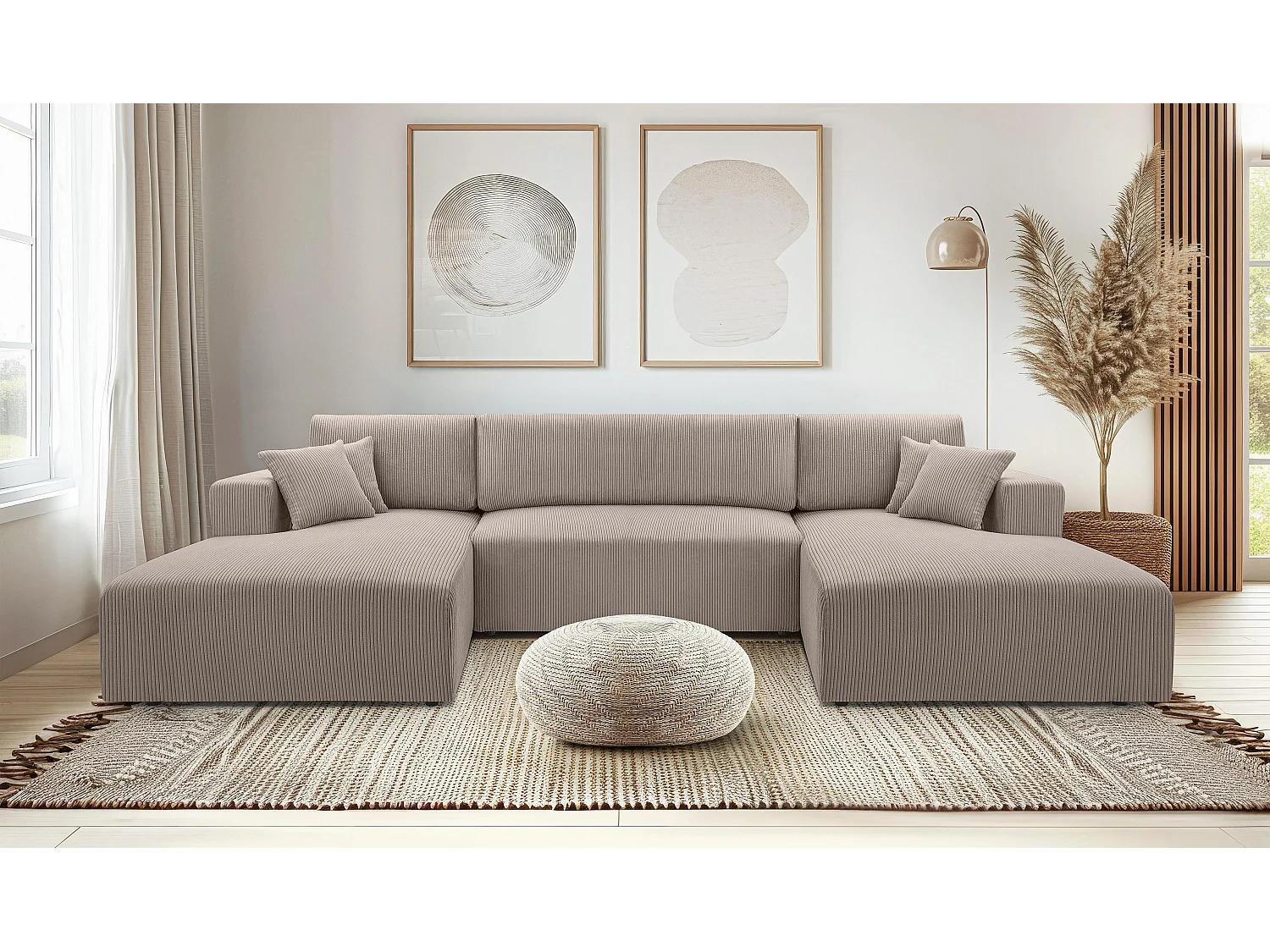 AX LIVING Canapé panoramique en U beige Catea avec fonction lit 364 cm