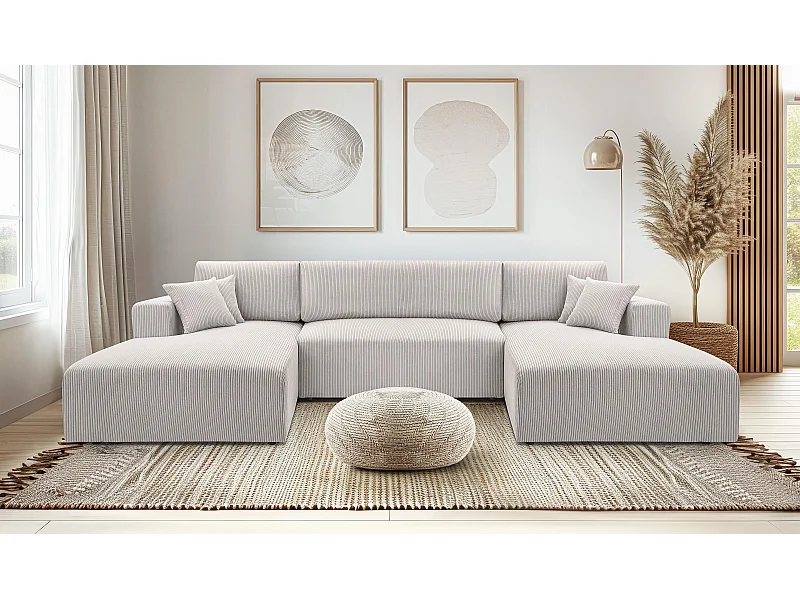 AX LIVING Canapé panoramique en U blanc Catea avec fonction lit 364 cm