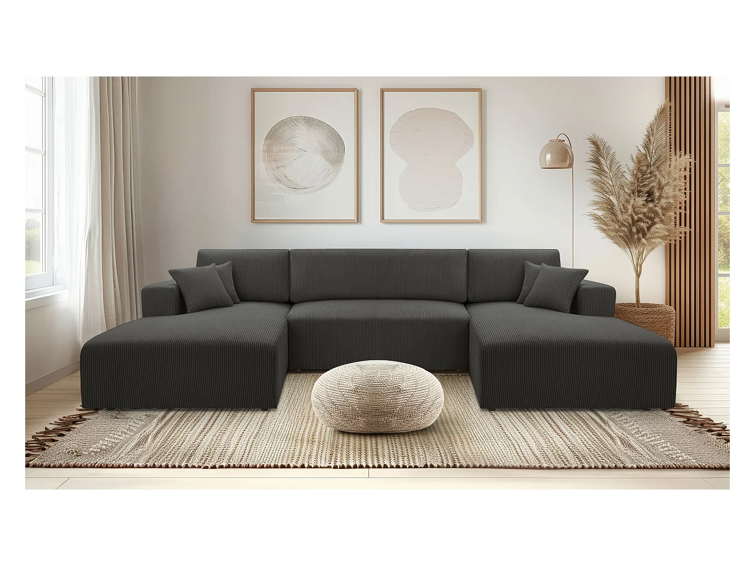 AX LIVING Canapé panoramique en U gris foncé Catea fonction lit 364 cm