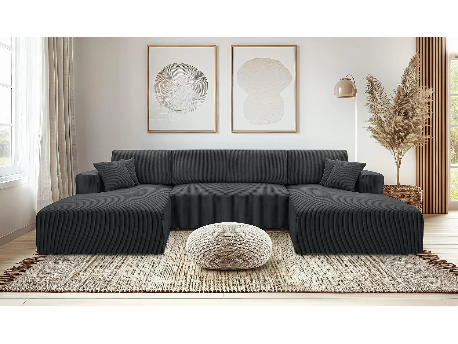 AX LIVING Canapé panoramique en U gris foncé Catea fonction lit 364 cm