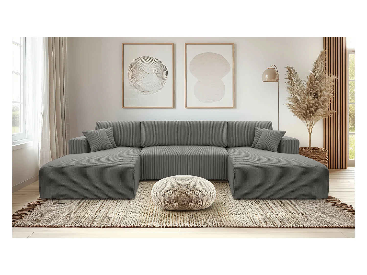 AX LIVING Canapé panoramique en U gris Catea avec fonction lit – 364cm