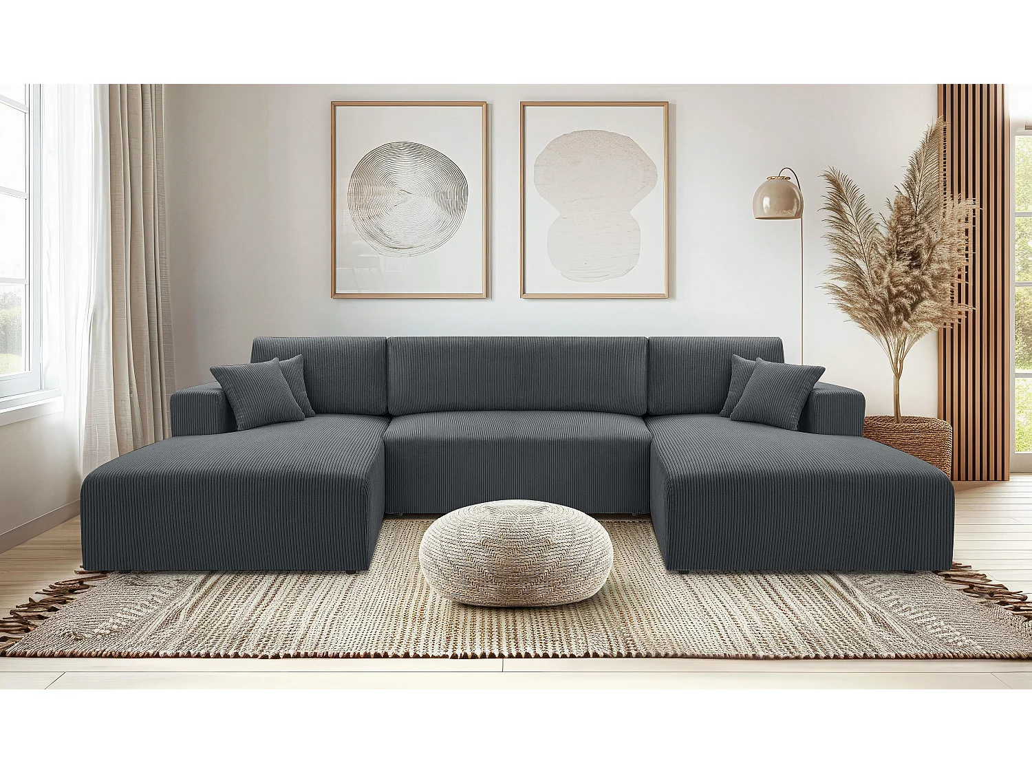 AX LIVING Canapé panoramique en U gris Catea avec fonction lit – 364cm