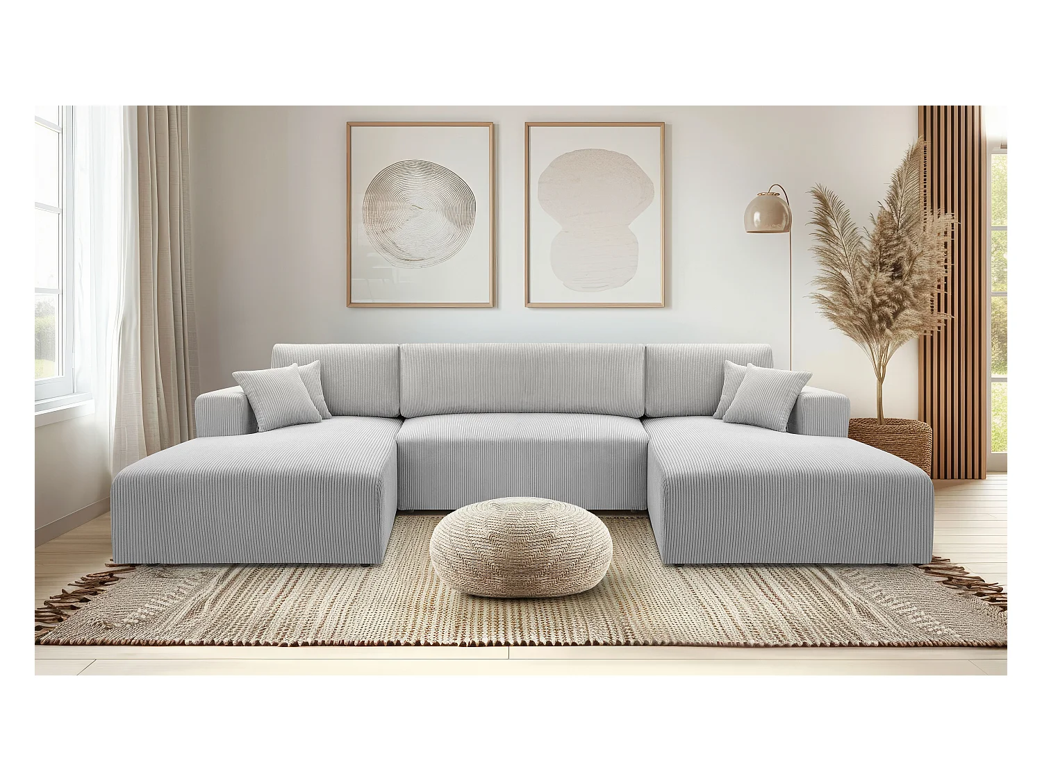 AX LIVING Canapé panoramique en U gris clair Catea fonction lit 364 cm