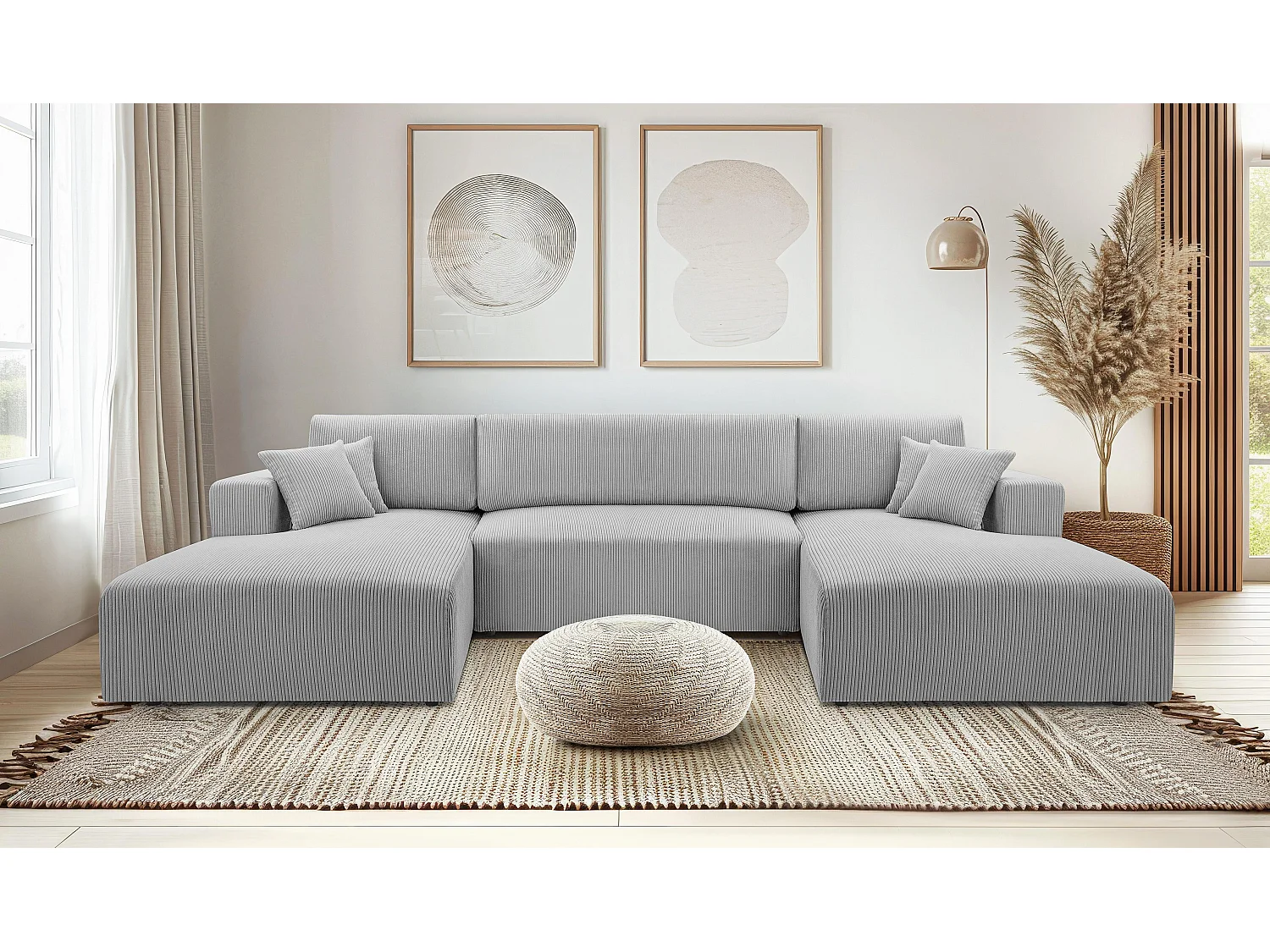 AX LIVING Canapé panoramique en U gris clair Catea fonction lit 364 cm