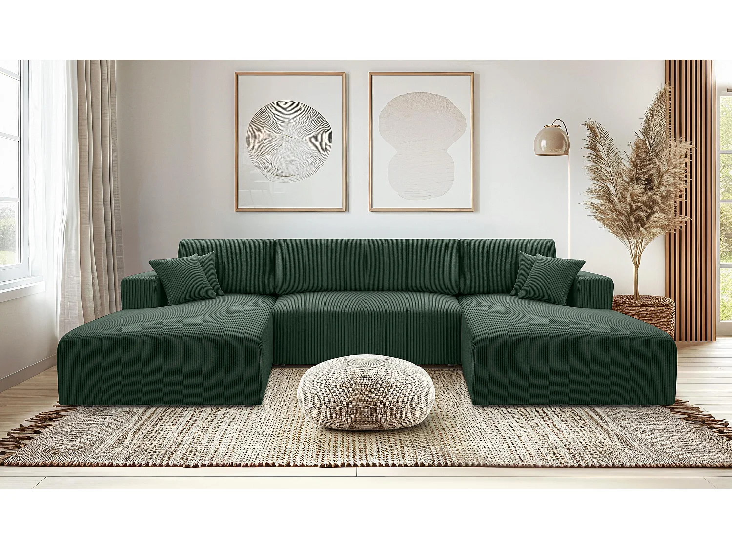 AX LIVING Canapé panoramique en U vert foncé Catea fonction lit 364 cm