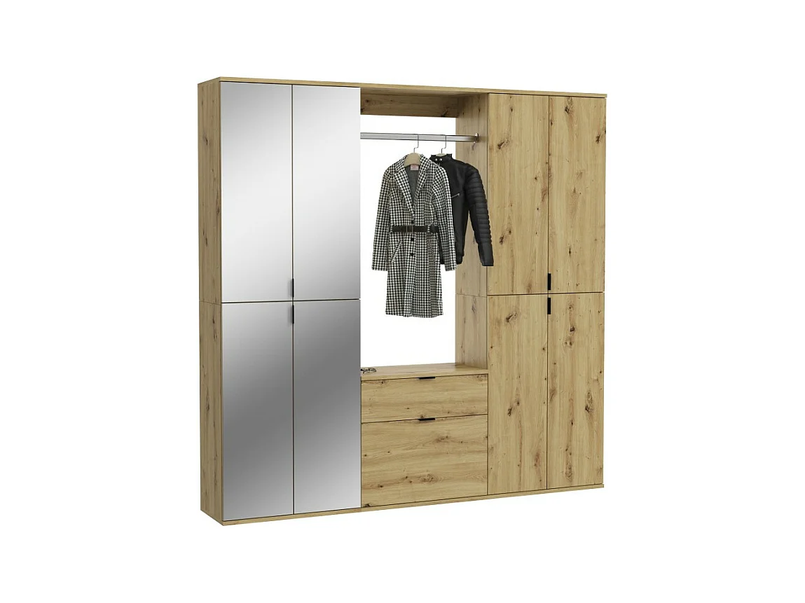 Armoire de rangement 8 portes avec miroirs + penderie et tiroirs – Chêne clair – BODITE