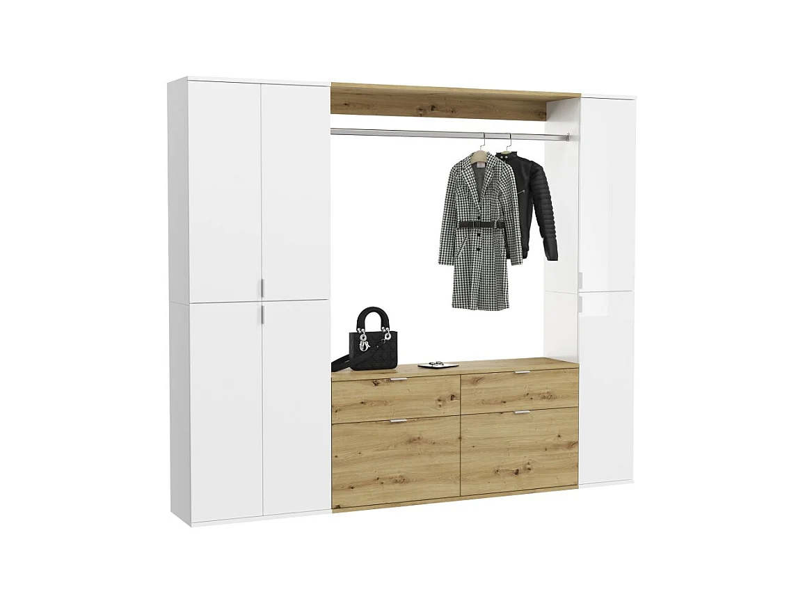 Armoire de rangement 6 portes, 4 tiroirs et 1 penderie – Blanc et chêne – BODITE