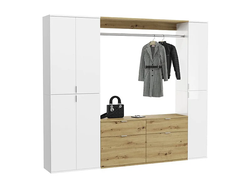 Armario de almacenamiento de 6 puertas, 4 cajones y 1 armario ropero – Blanco y roble – BODITE