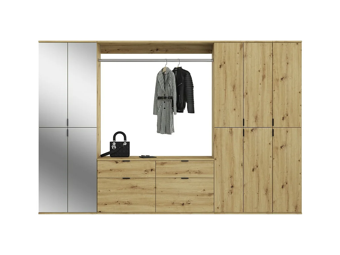 Armario de almacenamiento 10 puertas con espejos + armario + 4 cajones - Roble claro - BODITE