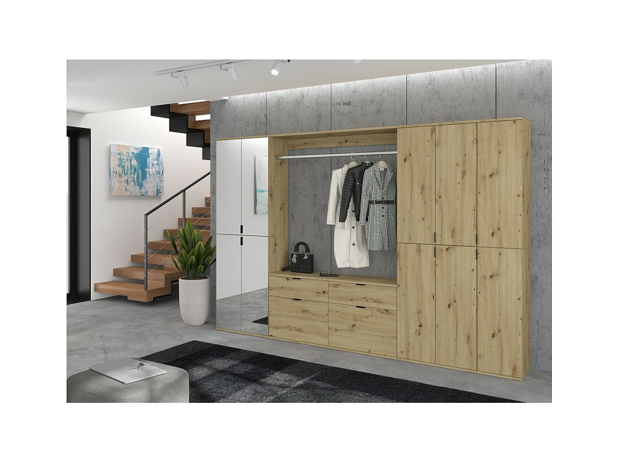 Armario de almacenamiento 10 puertas con espejos + armario + 4 cajones - Roble claro - BODITE