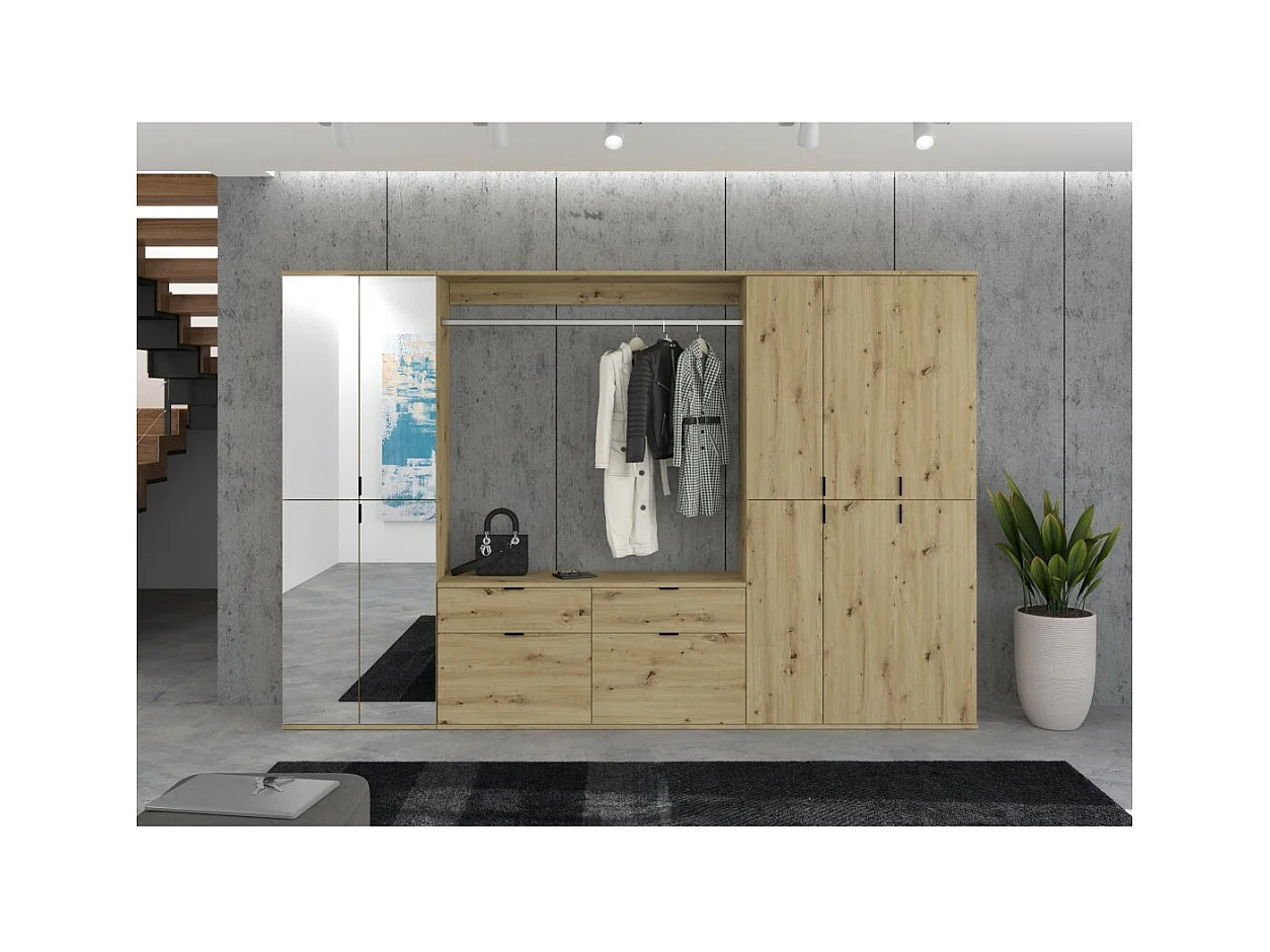 Armario de almacenamiento 10 puertas con espejos + armario + 4 cajones - Roble claro - BODITE